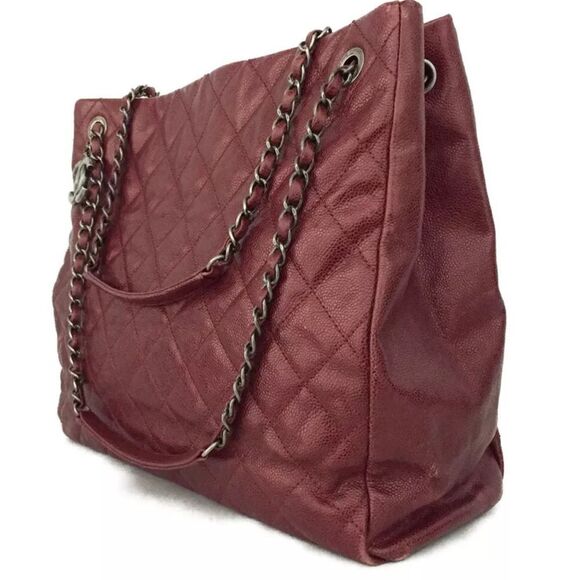 Auth Chanel Quilted Matelasse CC Charm Caviar City Shopper Tote Bag Bordeaux - Picture 3 of 13
